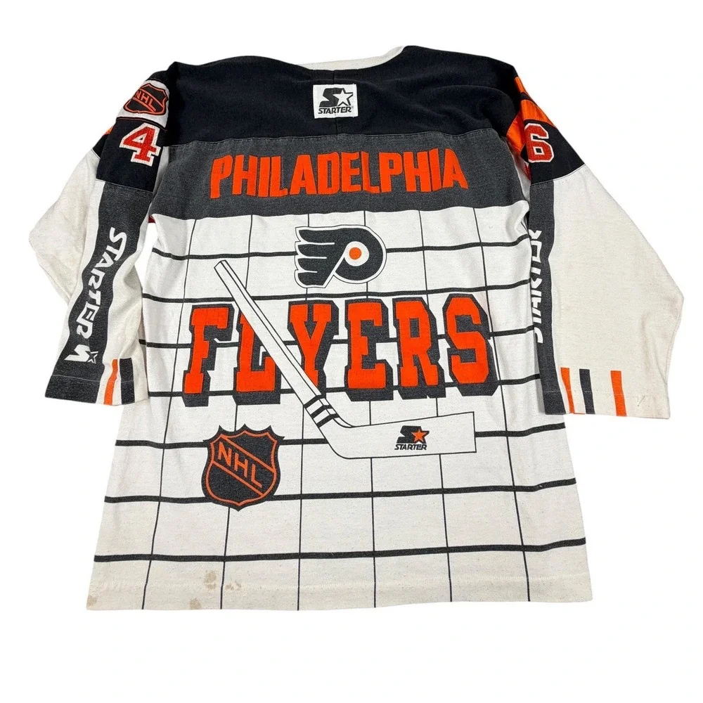 90s Starter Philadelphia Flyers Cotton Jersey Mens L White NHL Grid Long Sleeve